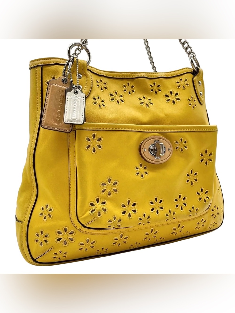 Rare Coach Poppy Yellow Leather Eyelet Turnlock Tote  22488 Vachetta